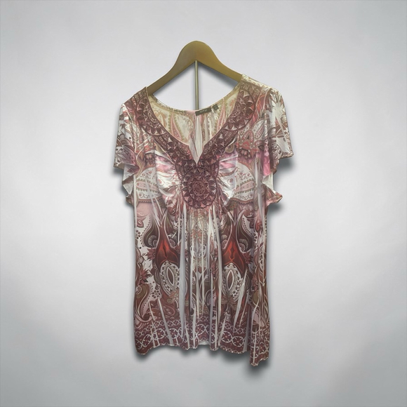 Women's APT. 9 Short Sleeve Tee Plus 2X White Burgundy Paisley - Picture 2 of 3